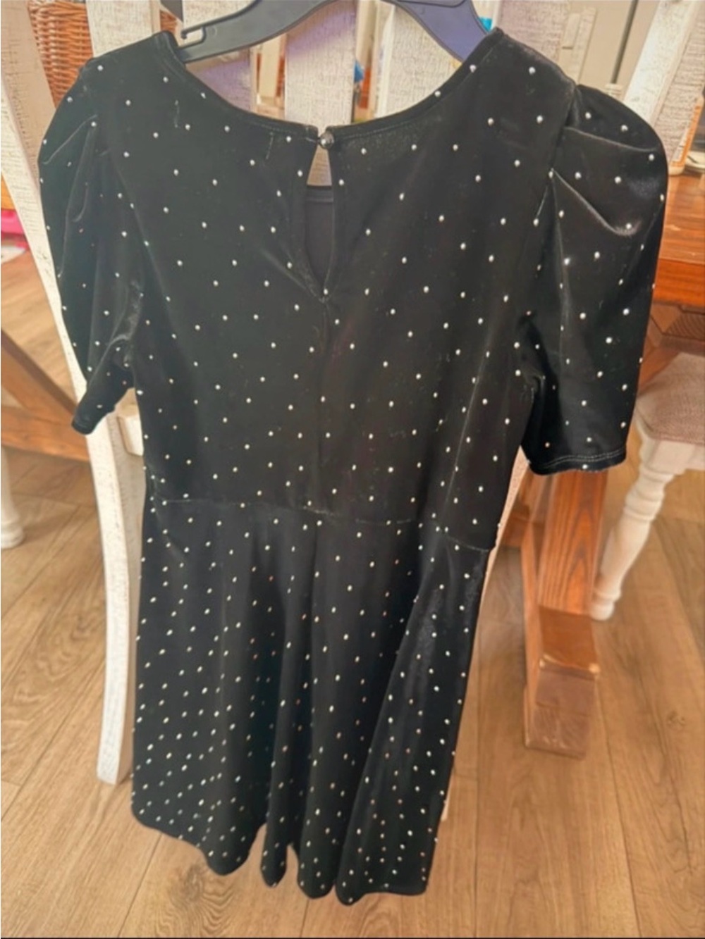 Girls' Black Velvet Short Sleeve Dress with Studded Accents